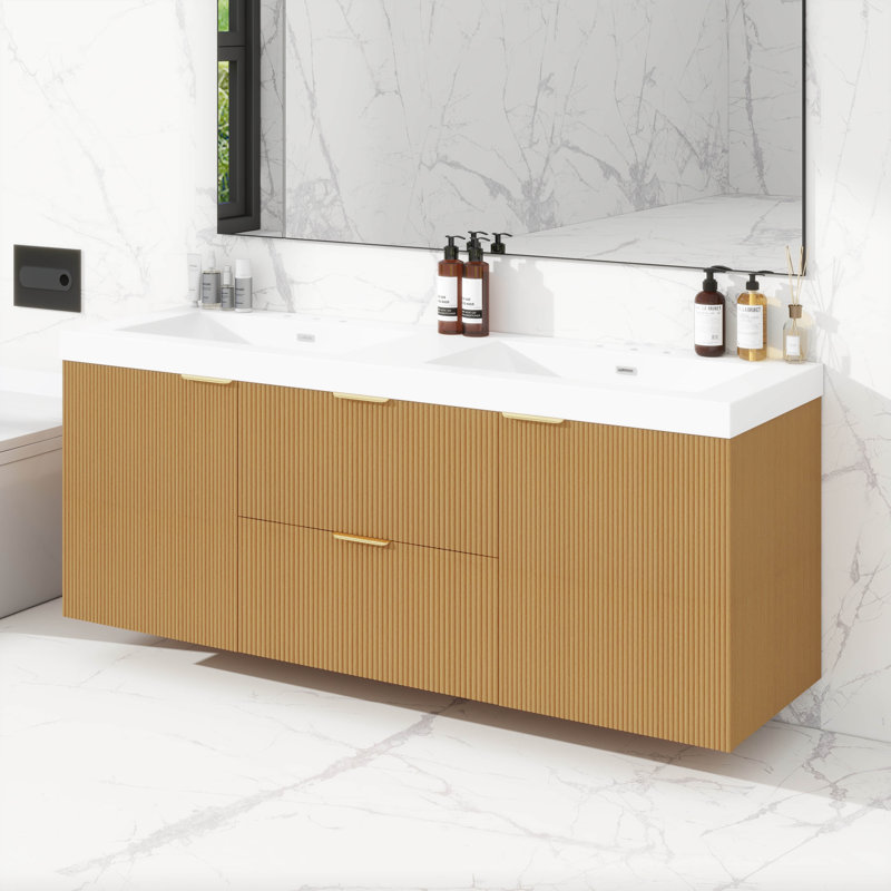 Meuble-lavabo avec lavabo double, meubles-lavabos flottants avec plateau en résine SMC, meuble-lavabo mural moderne