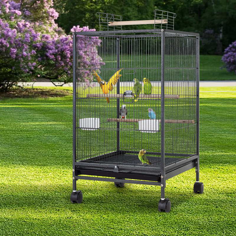 Cage à oiseaux en fer forgé de 35 pouces avec dessus ouvert et support roulant, grande cage à perroquet pour perruches, cockatiel, canari, pinson, inséparable, perroquet, pigeons, quaker gris africain
