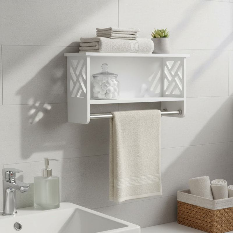 Alaterre Furniture Coventry Bathroom Wall Shelf with Towel Rods - 25” Wood Over the Toilet Storage Rack for Small Spaces, Bathroom or Kitchen - Floating Shelf for Towels, Toiletries and Decor (White)