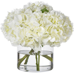 White hydrangeas in a cylindrical glass vase