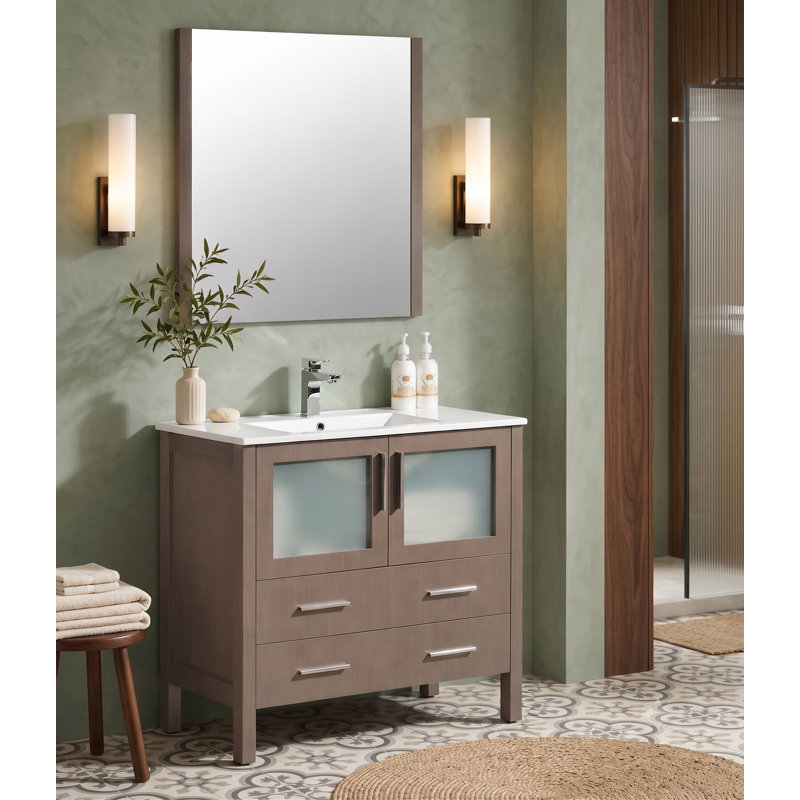 Ensemble de meuble-lavabo sur pied 36 po avec miroir, comptoir en céramique, portes en verre givré et tiroirs à fermeture en douceur