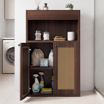 Armoire de rangement pour salle de bain avec 2 portes en rotin, armoire autoportante avec tablette réglable et rangement ouvert