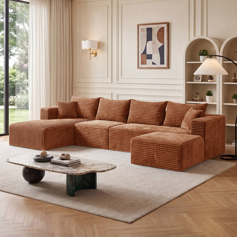 Canapé modulaire en forme de U 118 po en velours côtelé brun caramel, canapé amovible avec méridienne et repose-pieds, Brun