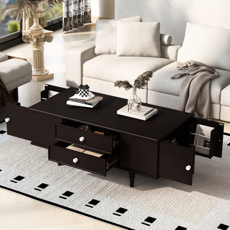 Versatile 47.2" Coffee Table With Four Drawers And Two Side Hidden Compartments, Metal Handles Solid Wood Legs, Ideal For Living Room, Kitchen Or Bedroom, Artfully Designed Modern Multifunctional