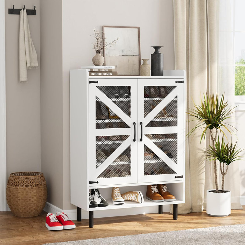 Shoe Cabinet With Mesh Doors, 6-Tier Shoe Storage Cabinet With Adjustable Shelves & Wood Legs, Shoes Rack Organizer For Entryway, Hallway, Closet, Living Room