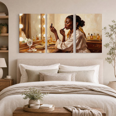 Woman Applying Lipstick at Vanity Mirror Set Of 3 Canvas Wall Art