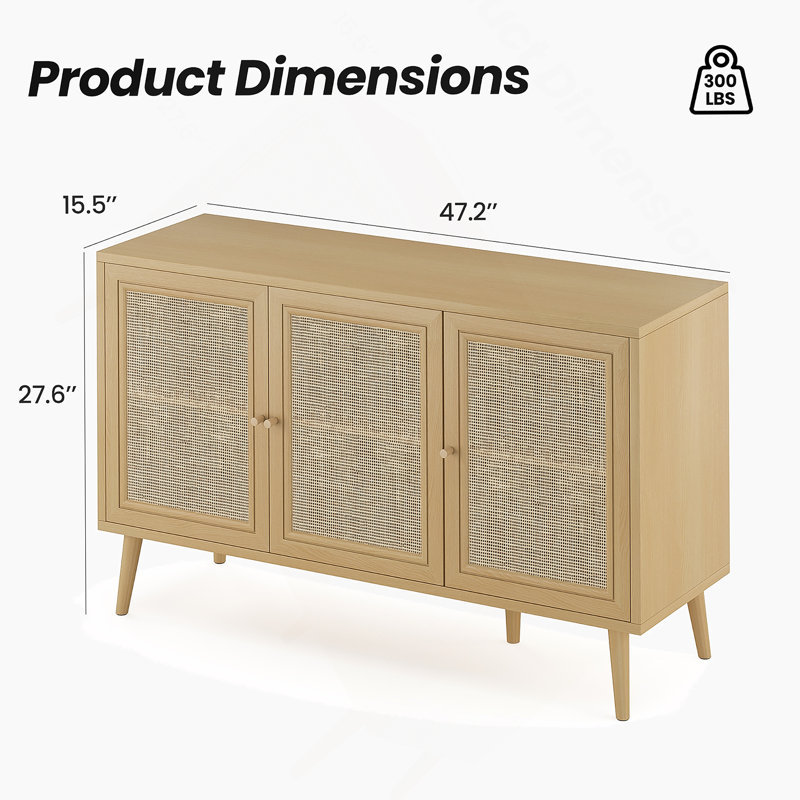 Sideboard Buffet Cabinet With 3 Rattan Doors, Kitchen Storage Console Cabinet For Indoor, Natural