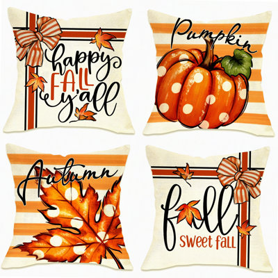 Autumn Harvest Decorative Pillow Covers Set - Fall Polka Dots Maple Leaf Outdoor Pillowcase - Farmhouse Thanksgiving Stripes Cushion Case Home Decor - Pack of 4
