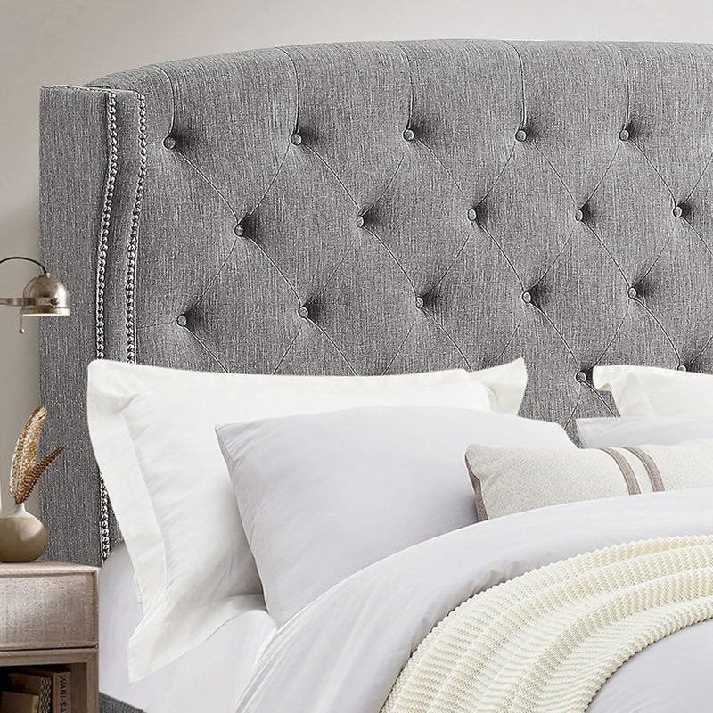 Structure de lit avec tête de lit capitonnée / revêtement en tissu, gris, Lit double