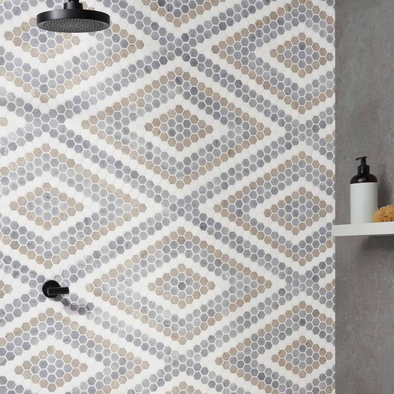 Juno 1" Diamond Hexagon Polished Marble Mosaic, Beige/Gray