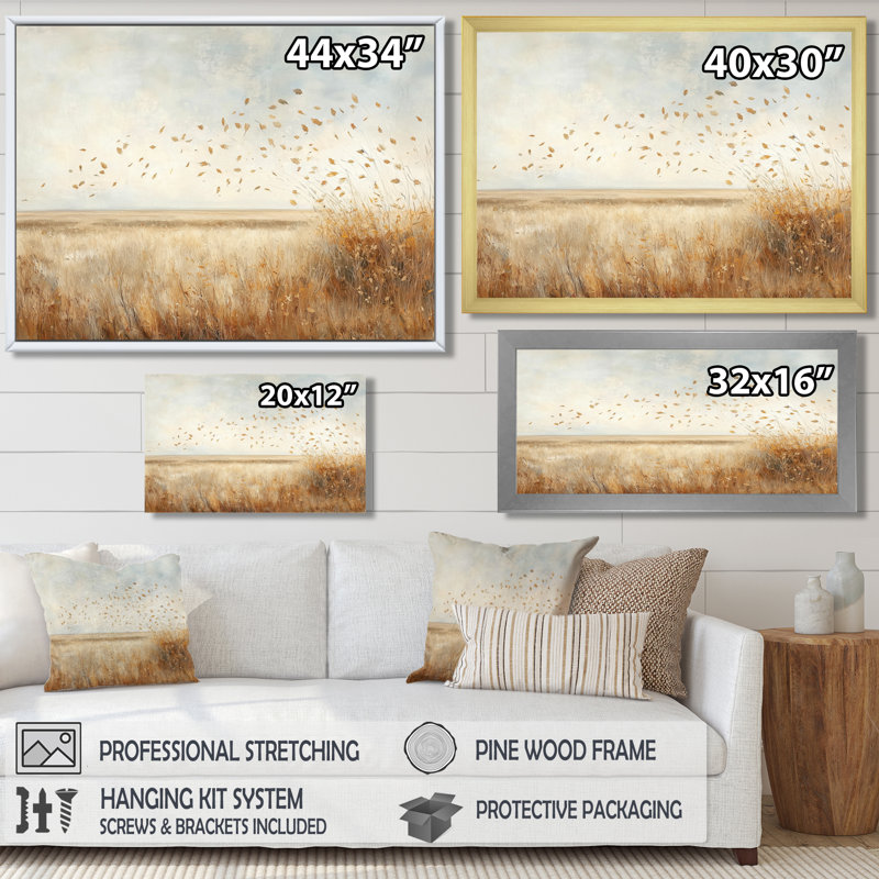«Meadow Windy Prairie Leaves III», art mural prairie, H 30 po x l 40 po, Reproduction encadrée, Doré