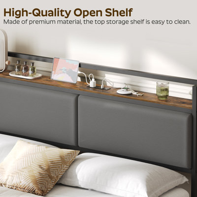 Upholstered Headboard Metal Frame with Charging Station and Storage