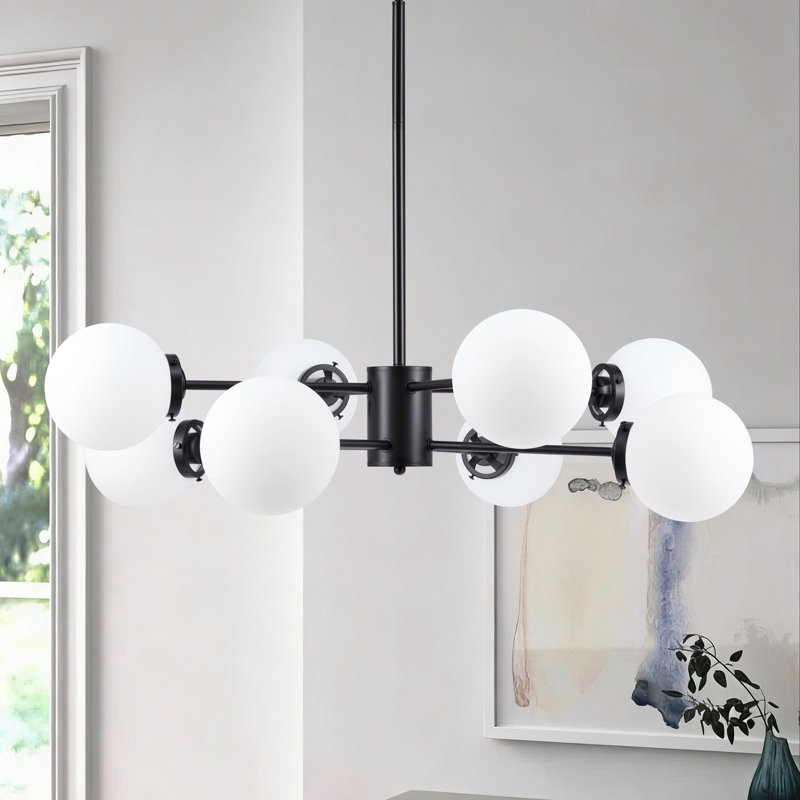 Lustre linéaire spoutnik moderne à 8 lumières Bova, H 47 po x l 32,5 po x P 32,5 po, Noir, Noir mat