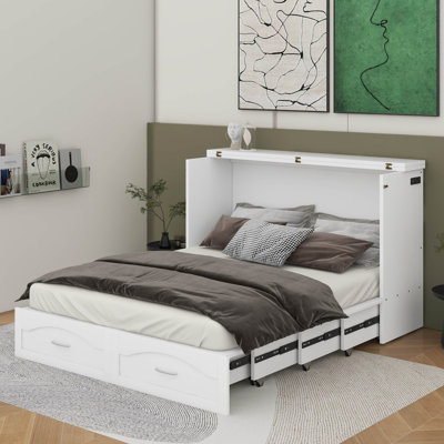 Queen Size Murphy Bed Wall Bed With Drawer And A Set Of Sockets & USB Ports