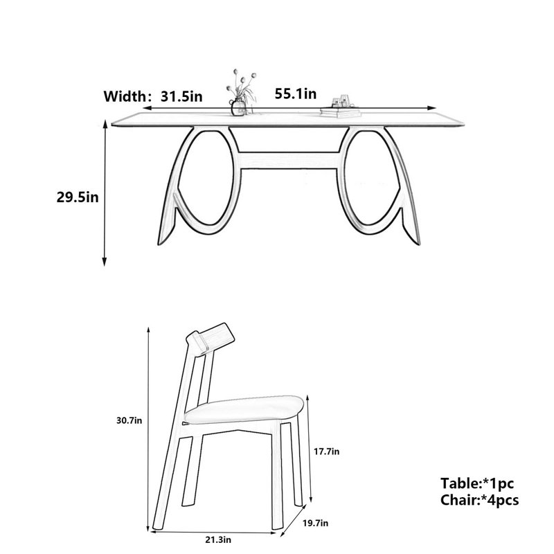 Rock Slab Dining Table with Solid Wood Legs, 29.5"H x 55.1"L x 31.5"W