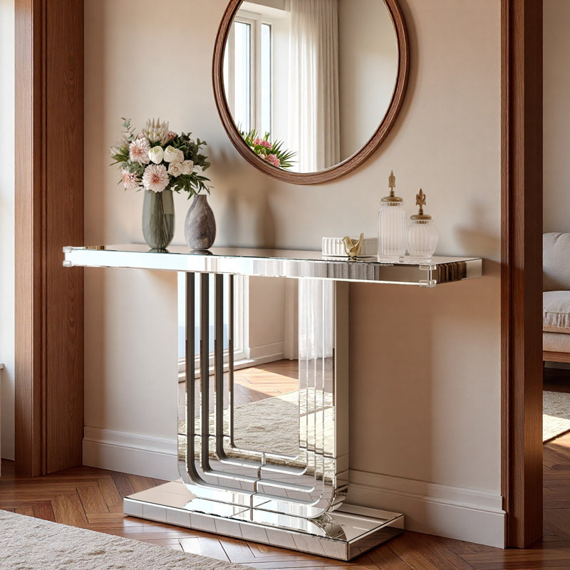 Silver Mirrored Console Table With U Base And Hand-spliced Line Design