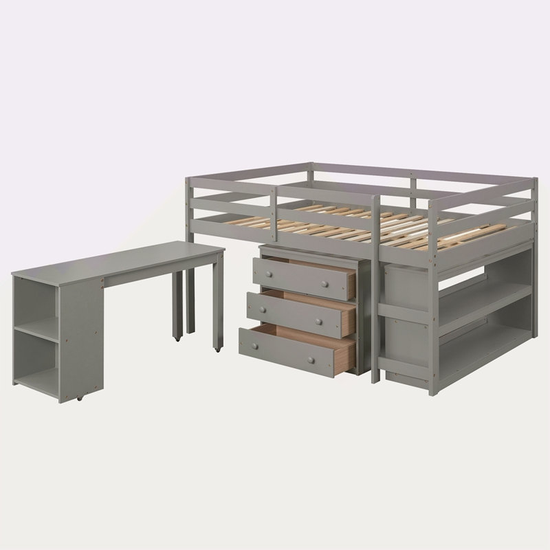 Lit mezzanine double bas avec cabinet, tablettes et bureau portatif à roulettes, lit multifonctionnel, Gris