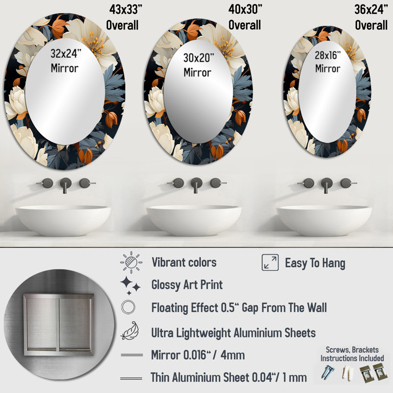 Magnifique miroir mural ovale blanc Magnolia Blooms, H 40 po x l 30 po