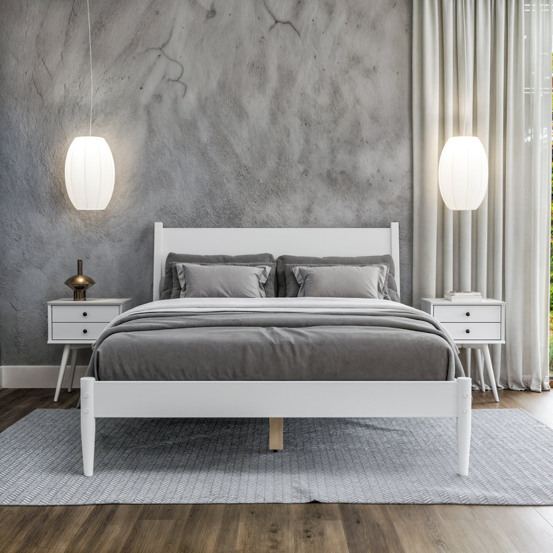 Lit plateforme en bois massif Aldiana, Blanc, Grand