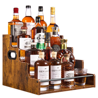 Tablette à 4 niveaux pour bouteilles de spiritueux - support à liqueur en bois rustique de 16 pouces et organisateur de sirop de café - support à épices de comptoir robuste avec garde-corps et poignées pour bar, cuisine, bureau