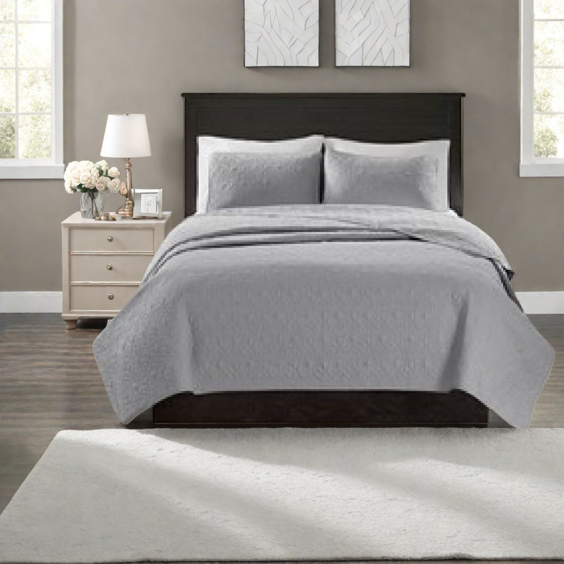 Reversible Quilt Bedding Set, Gray Cotton, Classic Pattern For All Seasons