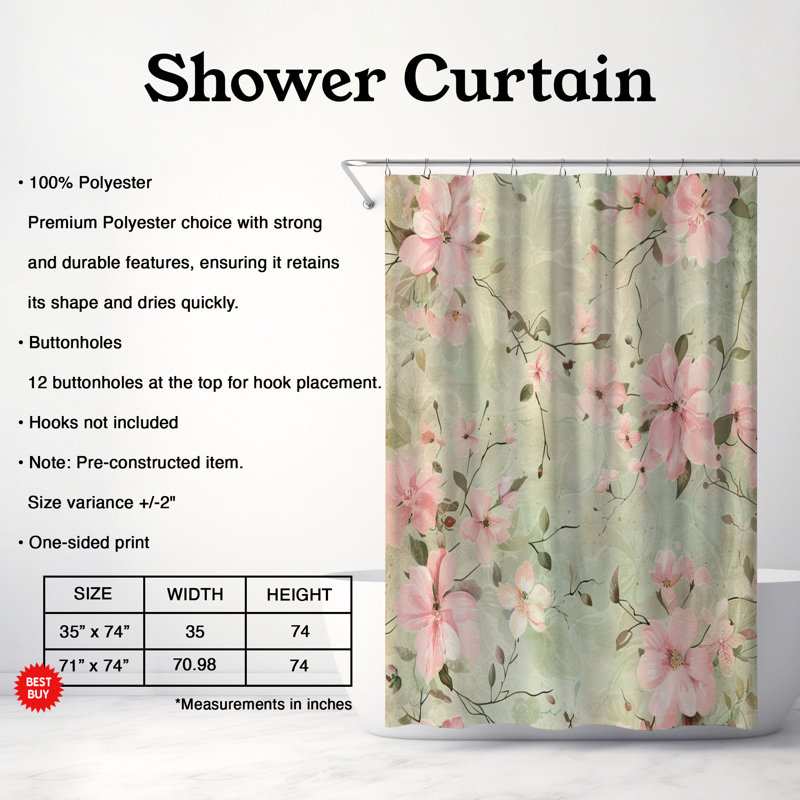Antique Floral Designs - Rideau de douche standard 1 pièce, H 74 po x l 71 po