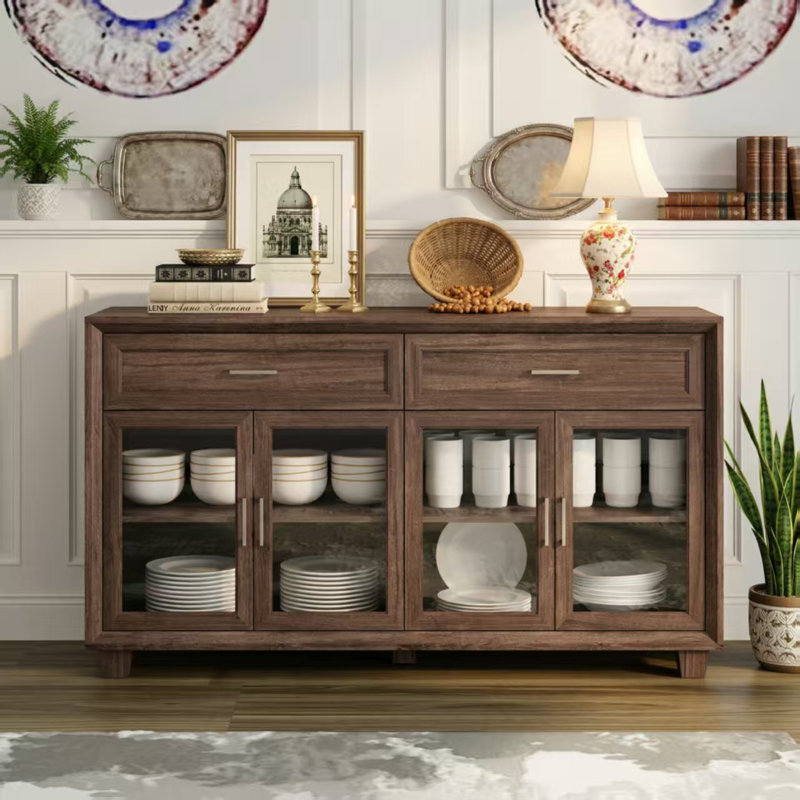 63" Wide Stylish 4-Glass Door China Cabinet With 2 Deep Drawers & Solid Wood Legs, Brown