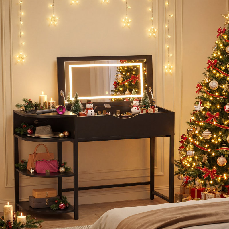 Makeup Vanity Desk with Drawers Vanity, Flip Top Mirror and Lights, Black