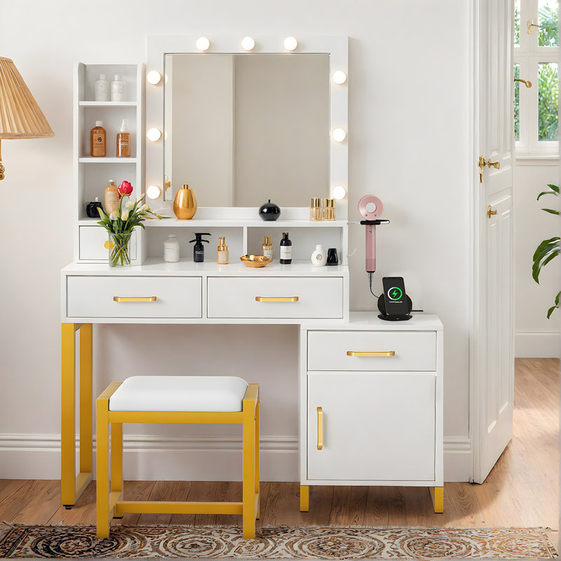 Ensemble de coiffeuse avec miroir lumineux à maquillage, Blanc