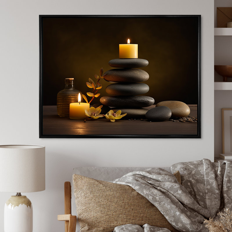 Art zen sérénité Cairn Sculpture Balance - pierre spirituelle, Cadre flottant noir, H 30 po x l 40 po x P 1,5 po