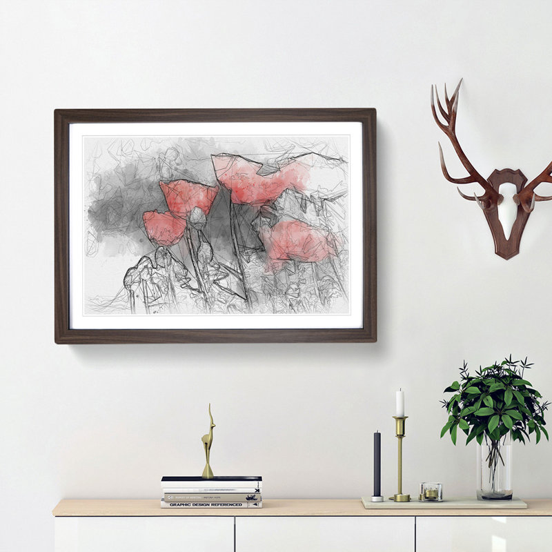 Red Poppy Field Sketch - Picture Frame Graphic Art Print, Walnut Framed, 45cm H x 63cm W x 2cm D