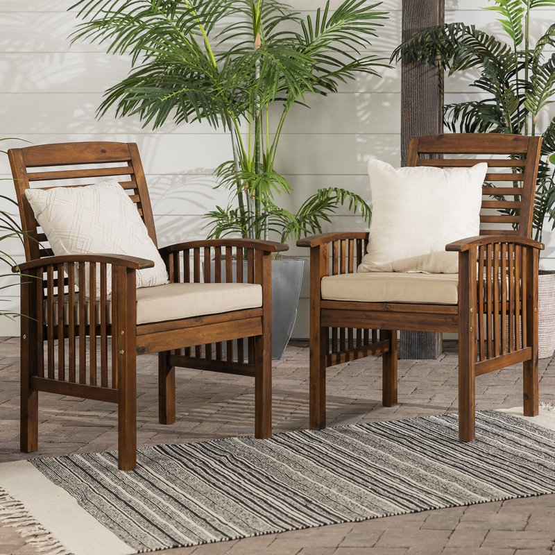 Chaises de patio à dossier à lattes avec coussins 2 pièces Modern, Kaki / brun foncé