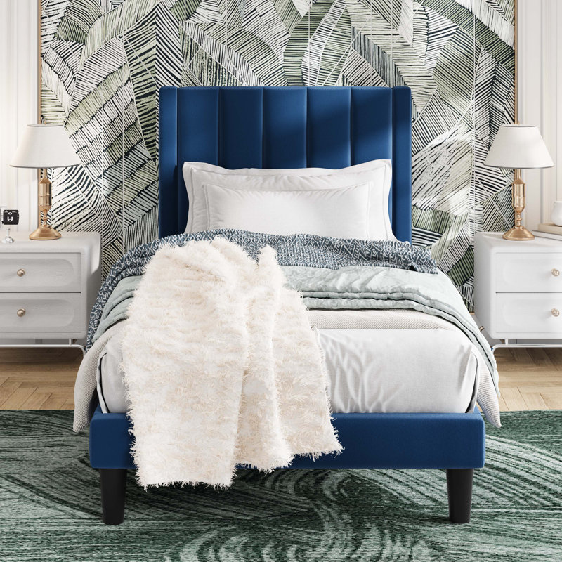 Lit plateforme tapissier en velours avec tête de lit Modern, Bleu marine, Simple
