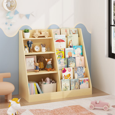 Bibliothèque et organisateur de rangement pour jouets, étagère à livres multifonctionnelle en bois à 4 niveaux avec présentoir de bibliothèque dans la salle de jeux pour enfants, tout-petits (naturel)