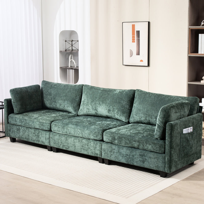 Canapé en chenille Xxxl 3, 113,1 * 32,69 * 33,82 po, pas facile à s'effondrer, tissu teinté, arrondi, forme de corps d'appartement, poche de rangement côté usure