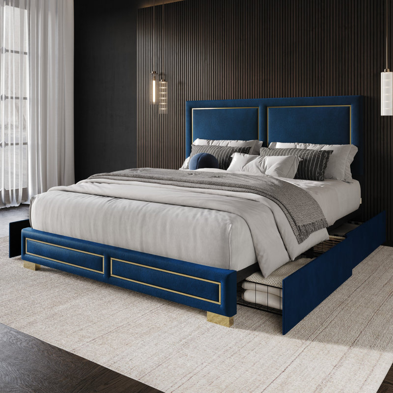 Lit plateforme avec rangement Carmalena, Double, Bleu