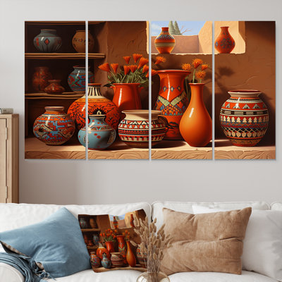Ensemble de 4 vases mexicains en terre cuite à fleurs orange - fenêtre florale