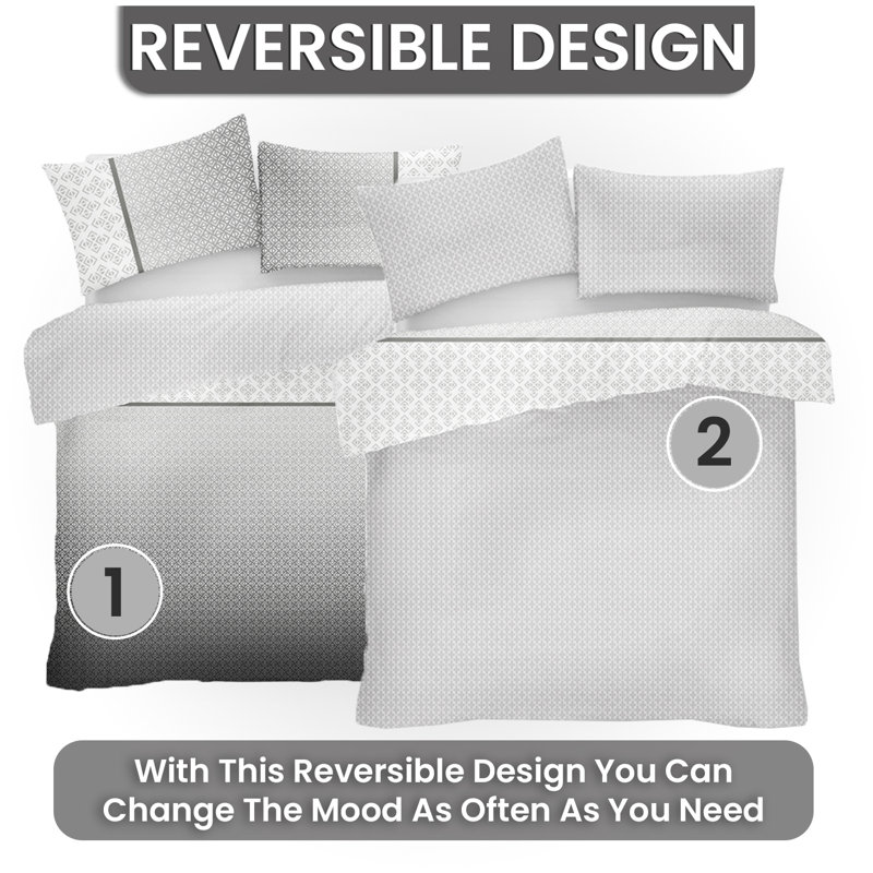 Geometric Polycotton Duvet Cover Set with Matching Pillowcases - Soft, Durable, Comfortable Unisex Bedding, Grey, King