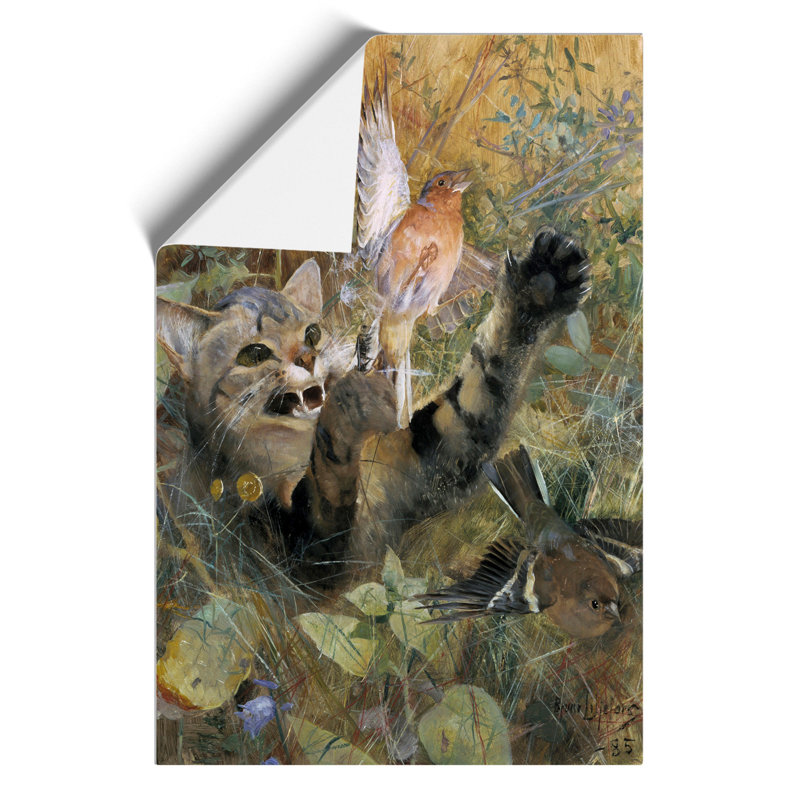 A Cat and a Chaffinch Bird by Bruno Liljefors - Unframed Painting, 30cm H x 21cm W x 0.1cm D