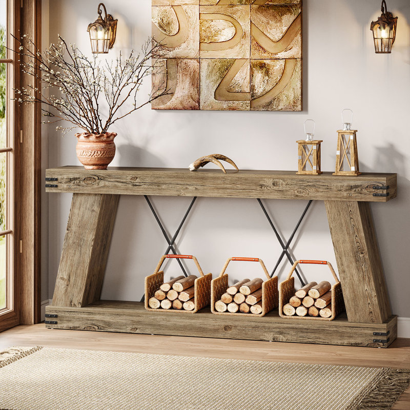 70.9" Farmhouse Console Table, Light Brown Oak