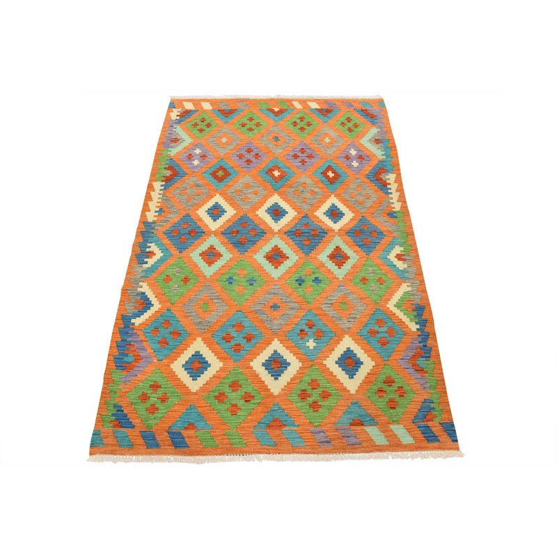 Tapis orange / vert / bleu en laine noué à la main de conception unique 4 pi x 6 pi Laurell