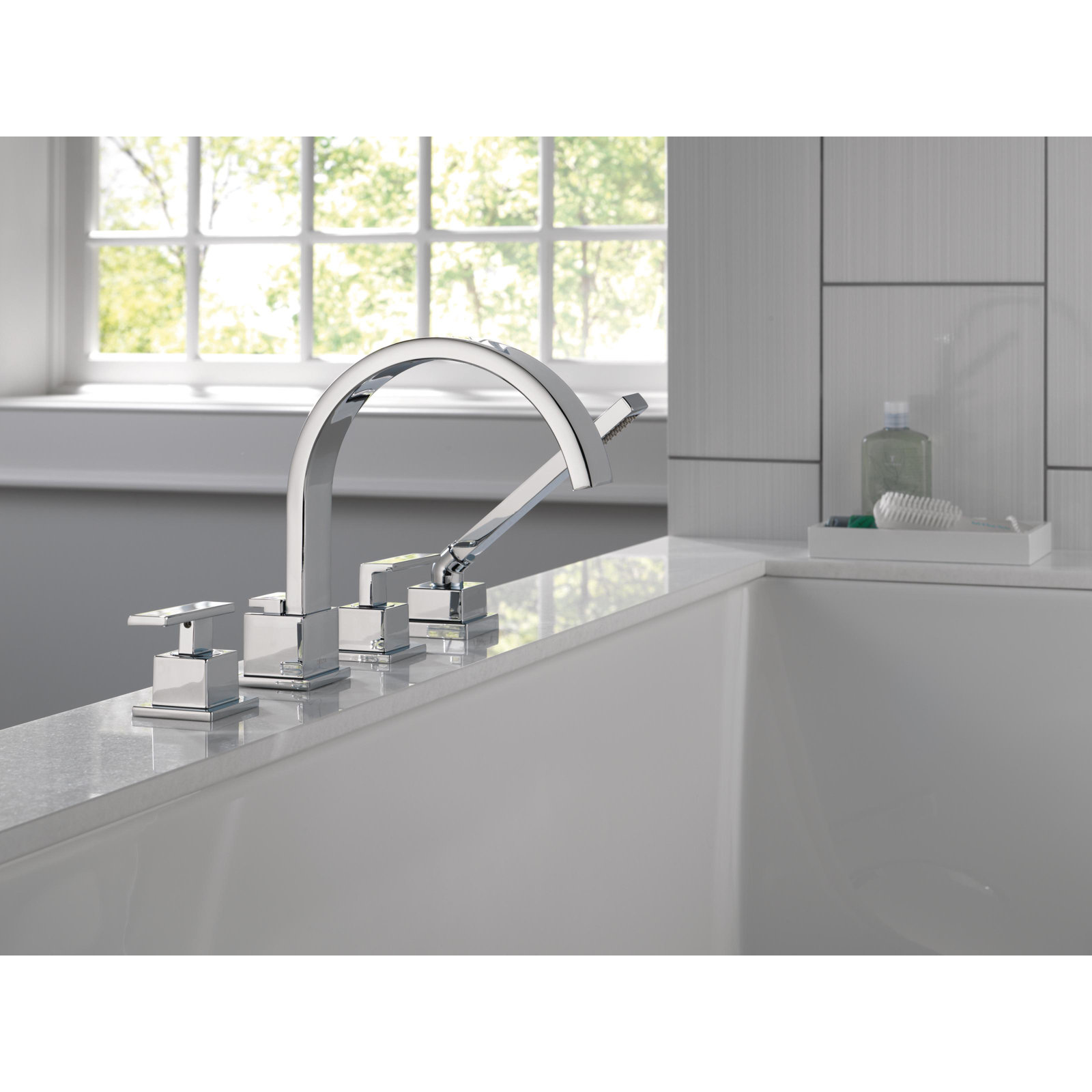 Vero Double Handle Deck Mounted Roman Tub Faucet with Handshower, Chrome