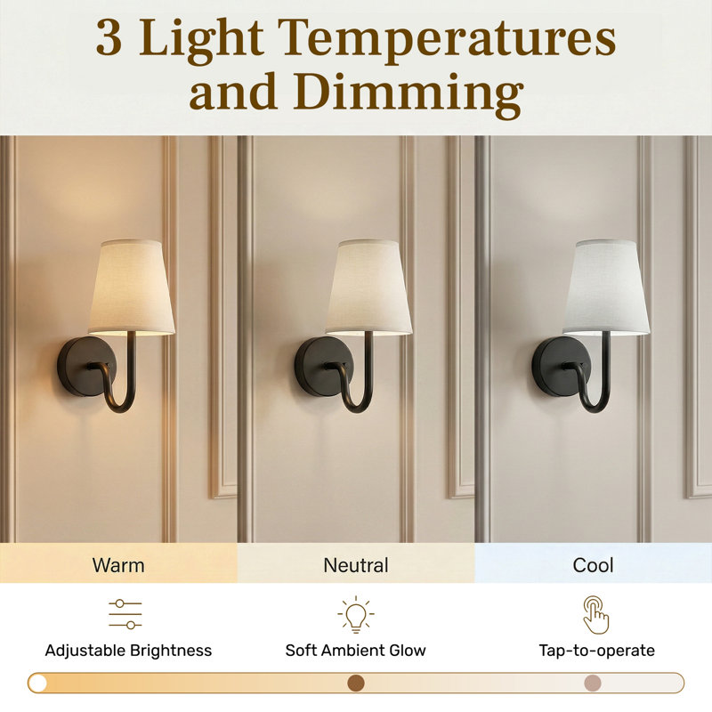 Bell + Howell Rechargeable Wall Light Sconce 2 Pack with Fabric Shade and Dimmable - Black, Black