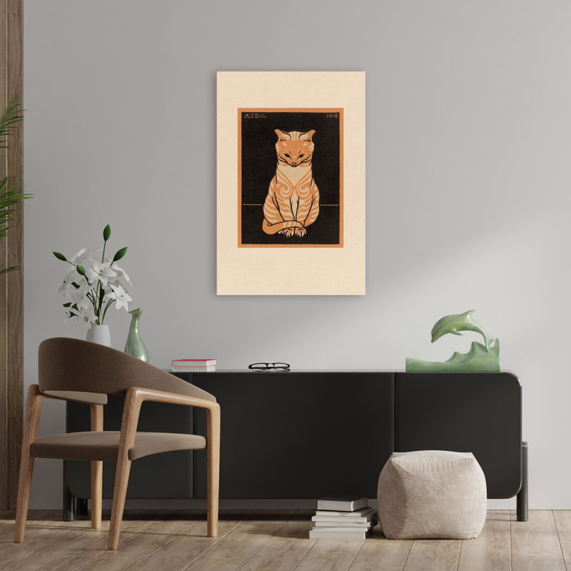 «Sitting Cat», musée d'art vintage, chats, pêche, orange, H 36 po x l 24 po