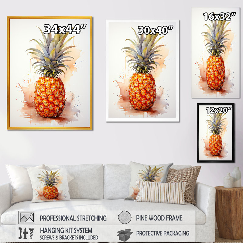 Pineapple Impression I - Pineapples, art mural, H 32 po x l 24 po x P 1 po, Cadre flottant noir