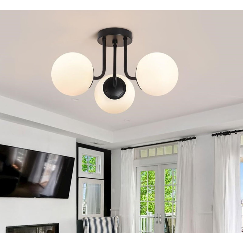 Matte Black 3-Light Semi Flush Mount Ceiling Fixture with Milk Glass Globes