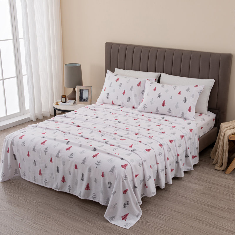 Winter Trees Red and Gray Cotton Flannel King Sheet Set