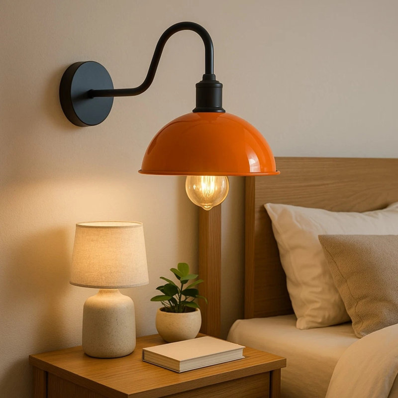 Modern Industrial Vintage Dome Wall Sconce – Fixed Curved Arm Metal Light for Bedroom, Hallway, Living Room, and Office., No