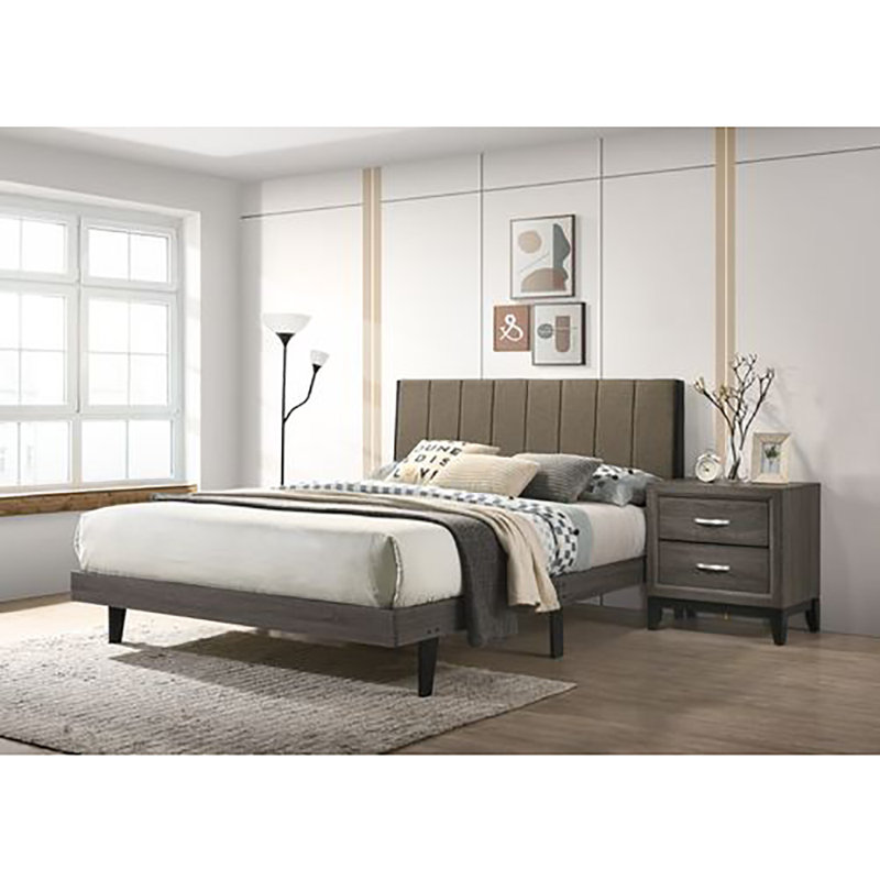 Lit plateforme Alaria en brun et gris patiné, base de lit, lit tapissier
