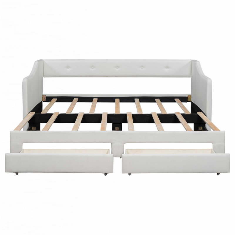Twin XL Upholstered Daybed with Two Drawers, Beige